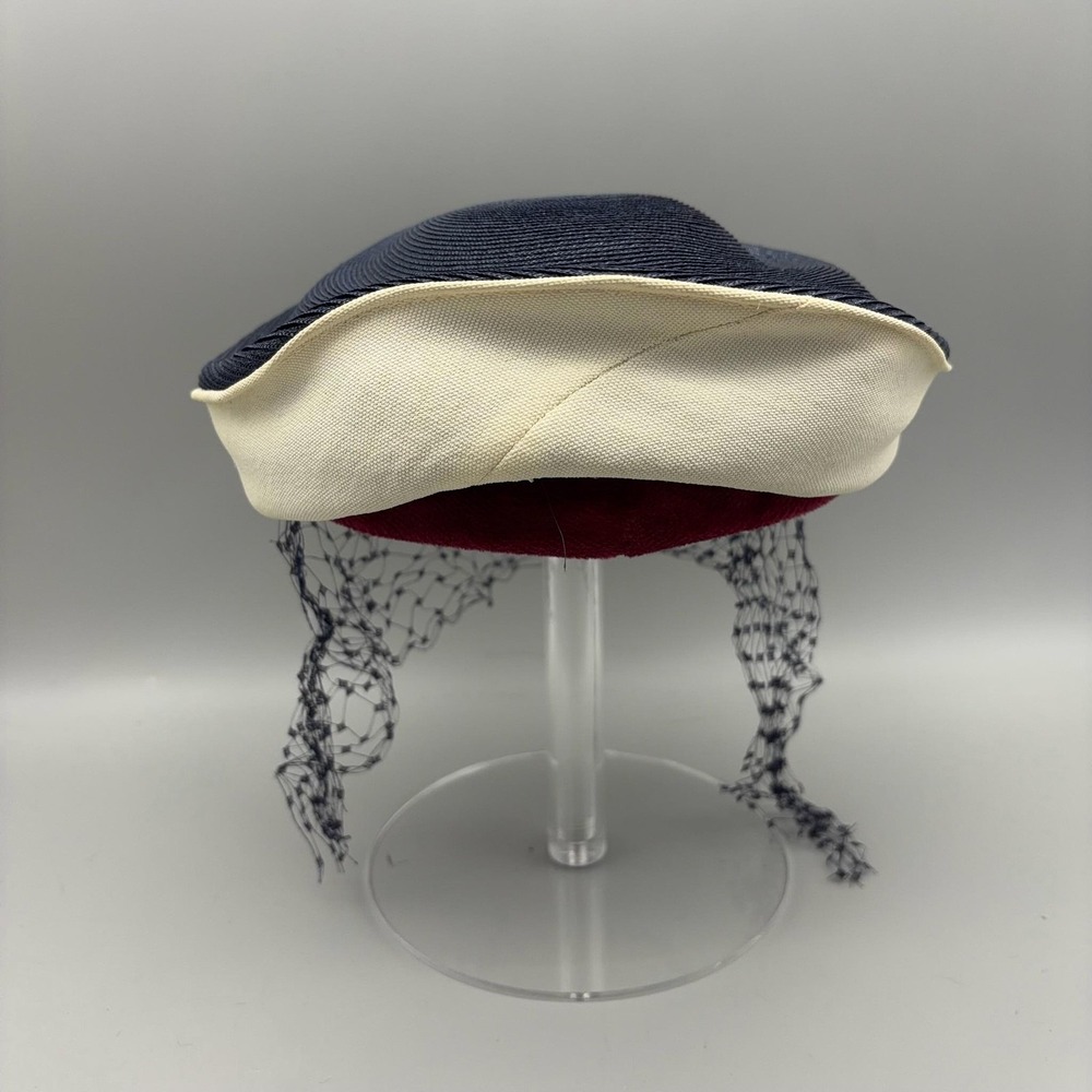 Vintage L.S. Ayres & Co Fascinator Hat Womens One Size Blue Straw Veil Net 50s - Picture 4 of 8